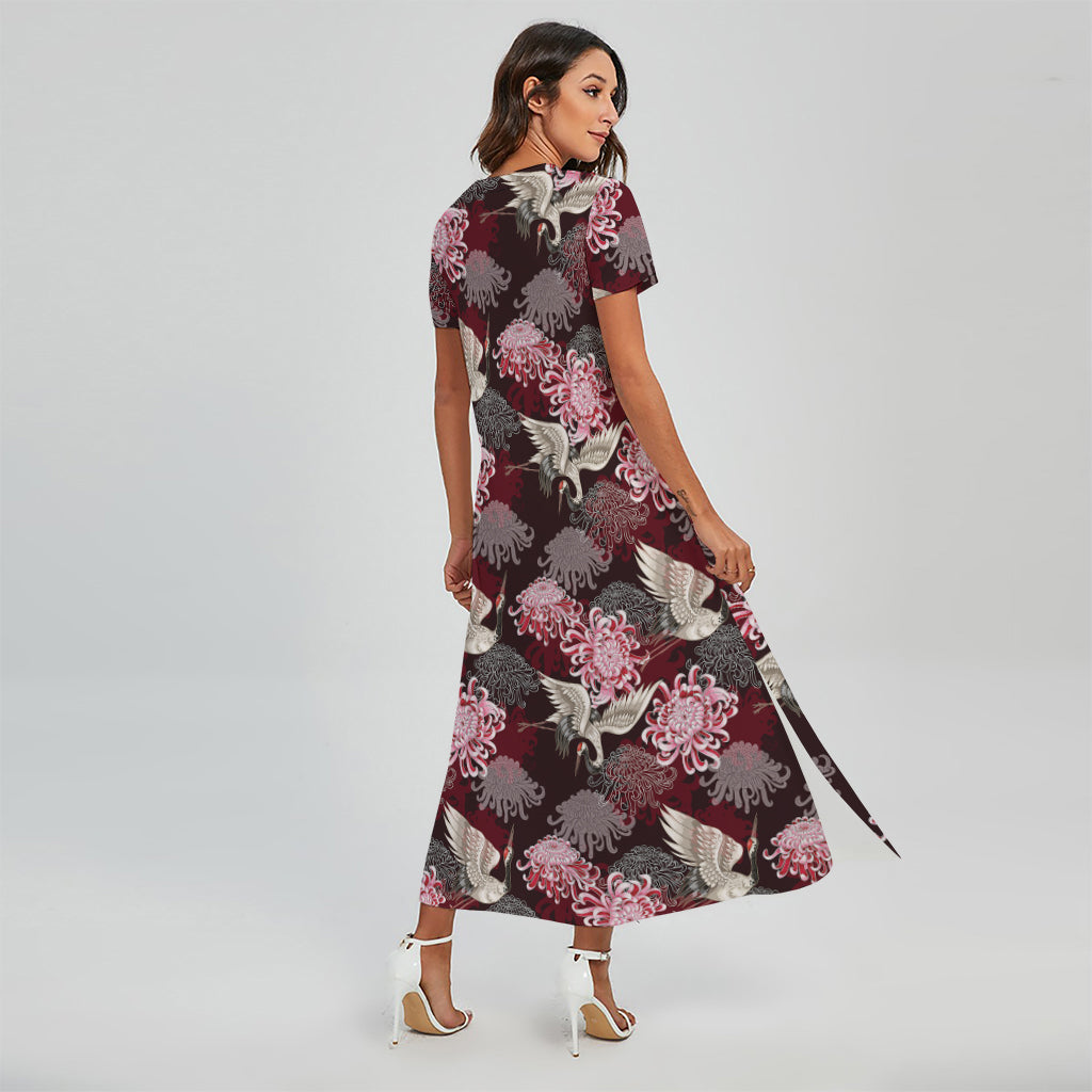 Japanese Cranes And Chrysanthemums Print Short Sleeve Maxi Dress