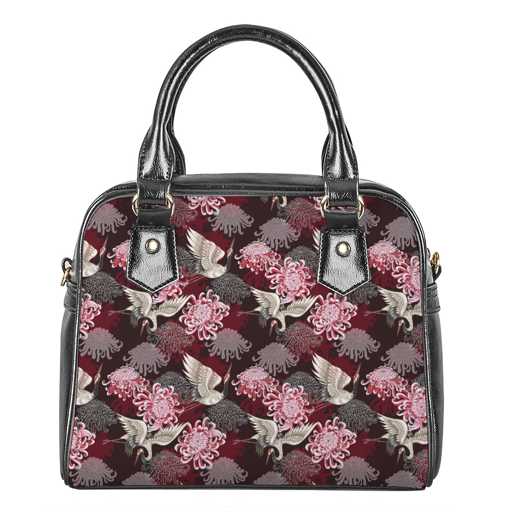 Japanese Cranes And Chrysanthemums Print Shoulder Handbag