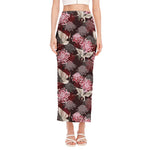 Japanese Cranes And Chrysanthemums Print Side Slit Maxi Skirt