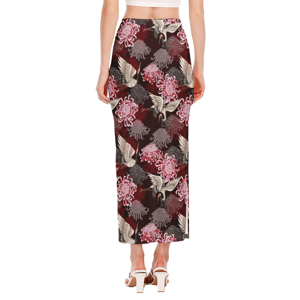 Japanese Cranes And Chrysanthemums Print Side Slit Maxi Skirt