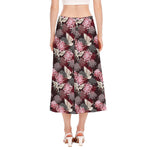 Japanese Cranes And Chrysanthemums Print Side Slit Midi Skirt