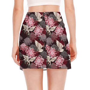 Japanese Cranes And Chrysanthemums Print Side Slit Mini Skirt