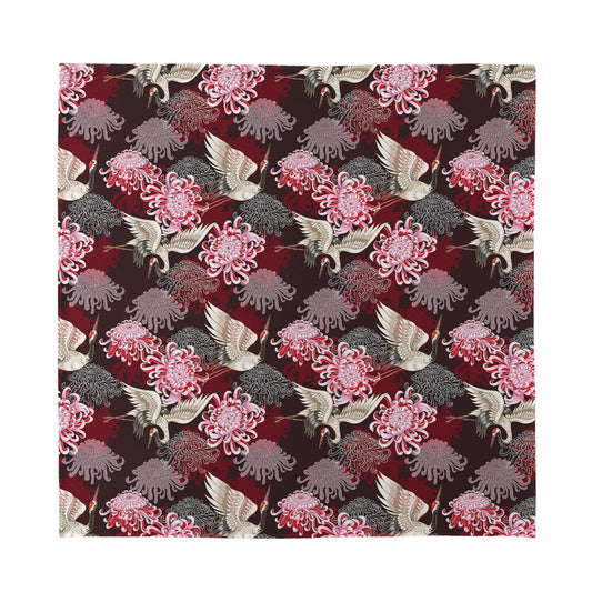 Japanese Cranes And Chrysanthemums Print Silk Bandana