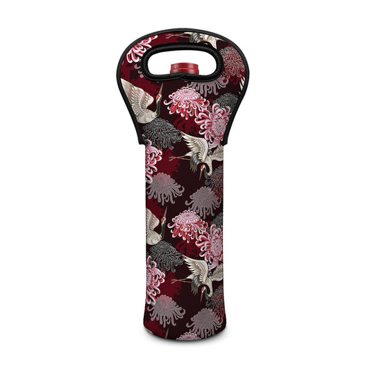 Japanese Cranes And Chrysanthemums Print Single Neoprene Wine Tote