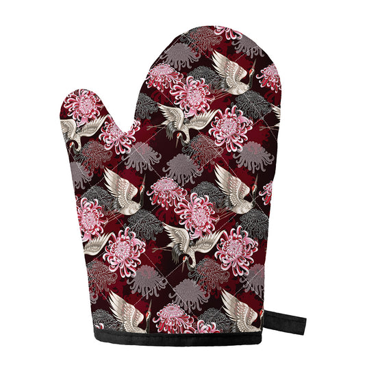 Japanese Cranes And Chrysanthemums Print Single Oven Mitt