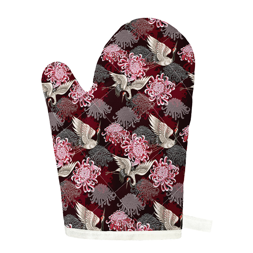 Japanese Cranes And Chrysanthemums Print Single Oven Mitt