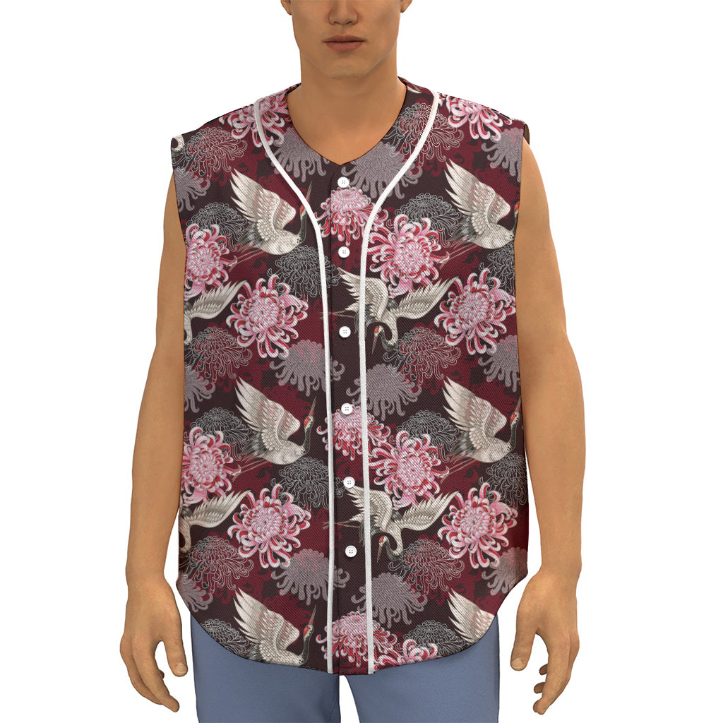 Japanese Cranes And Chrysanthemums Print Sleeveless Baseball Jersey