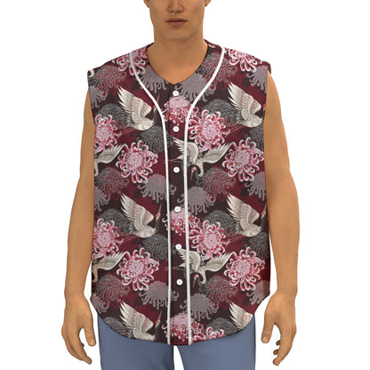 Japanese Cranes And Chrysanthemums Print Sleeveless Baseball Jersey