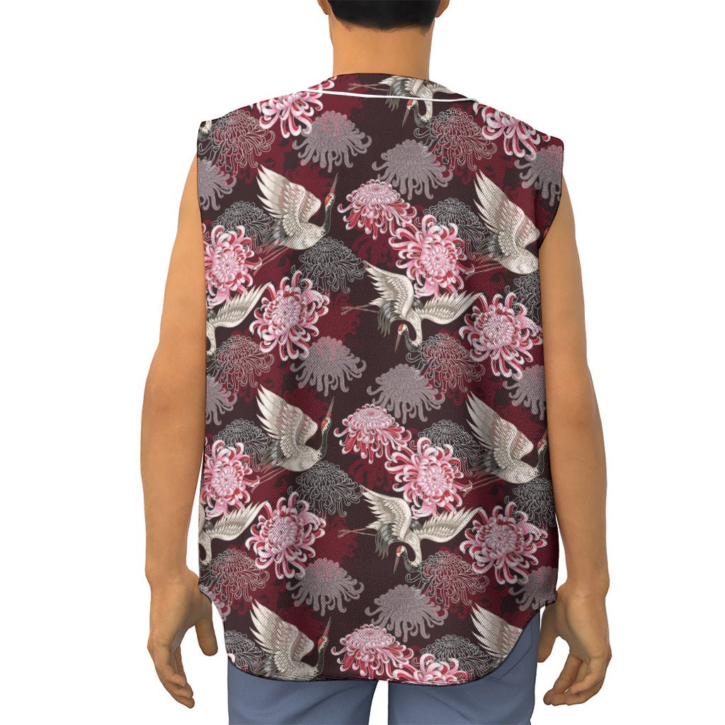 Japanese Cranes And Chrysanthemums Print Sleeveless Baseball Jersey