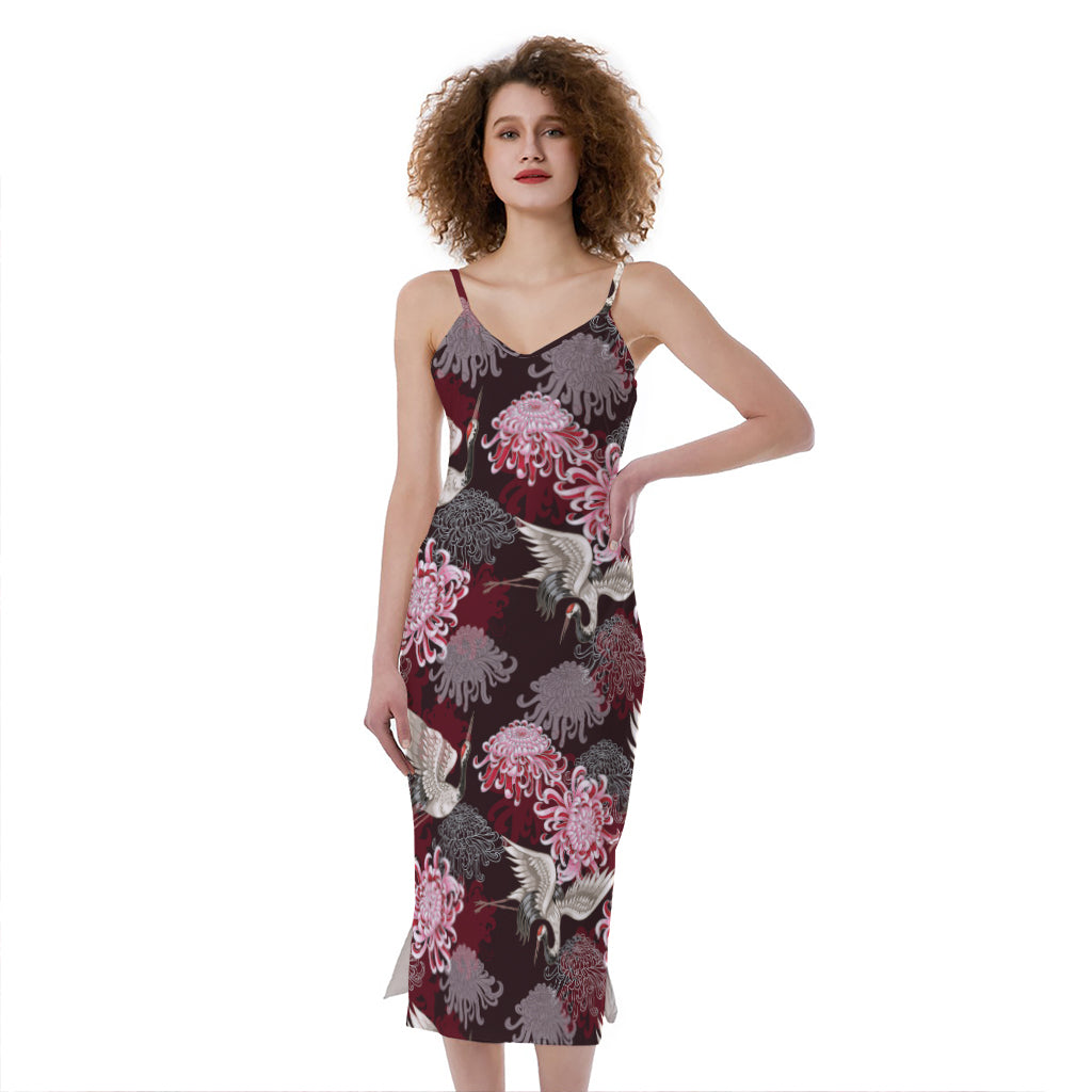 Japanese Cranes And Chrysanthemums Print Slim Fit Midi Cami Dress