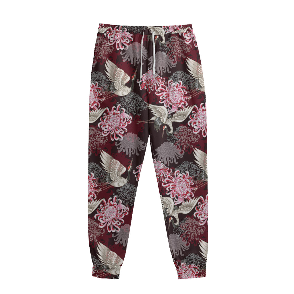 Japanese Cranes And Chrysanthemums Print Sweatpants