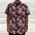 Japanese Cranes And Chrysanthemums Print Textured Short Sleeve Shirt