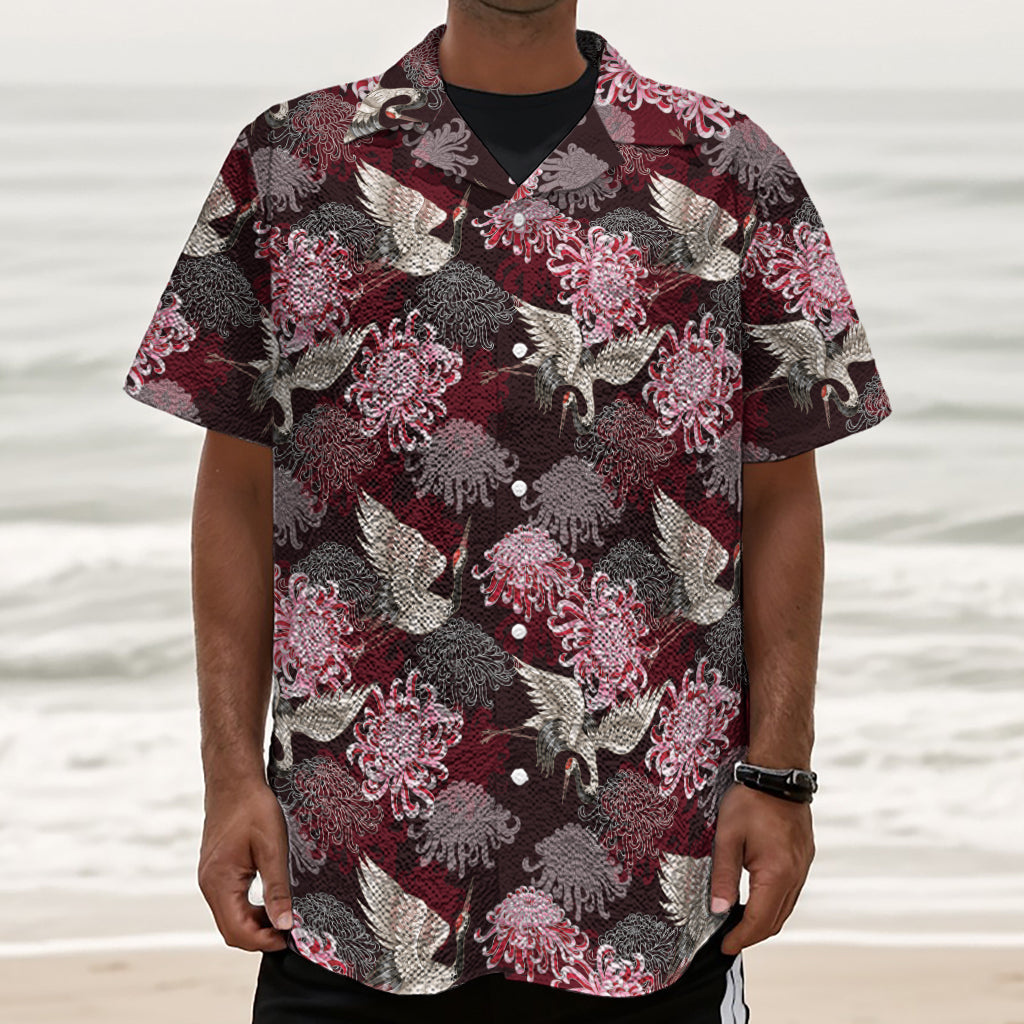 Japanese Cranes And Chrysanthemums Print Textured Short Sleeve Shirt