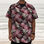Japanese Cranes And Chrysanthemums Print Textured Short Sleeve Shirt