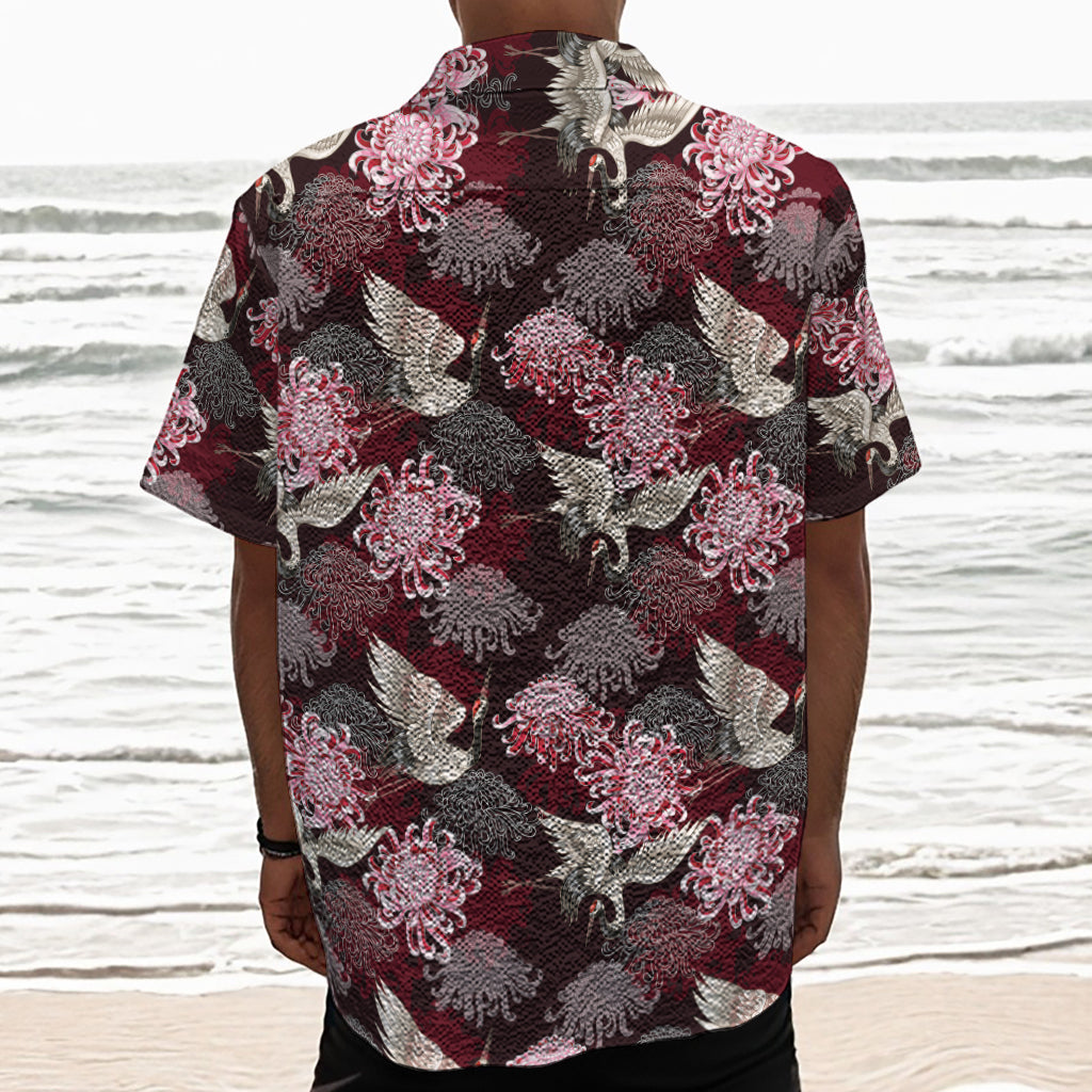 Japanese Cranes And Chrysanthemums Print Textured Short Sleeve Shirt