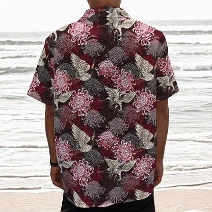 Japanese Cranes And Chrysanthemums Print Textured Short Sleeve Shirt