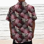 Japanese Cranes And Chrysanthemums Print Textured Short Sleeve Shirt