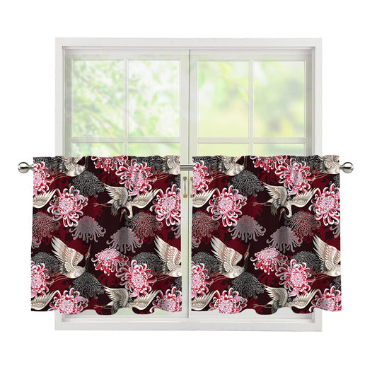 Japanese Cranes And Chrysanthemums Print Tier Curtains