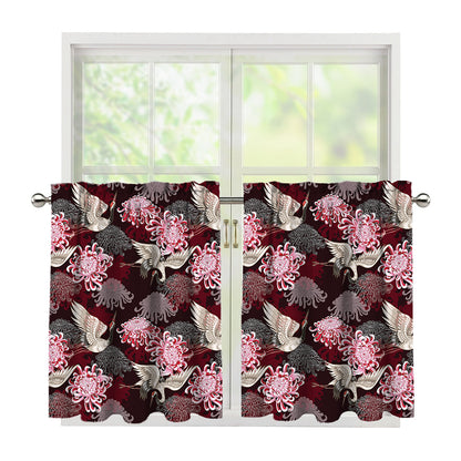 Japanese Cranes And Chrysanthemums Print Tier Curtains