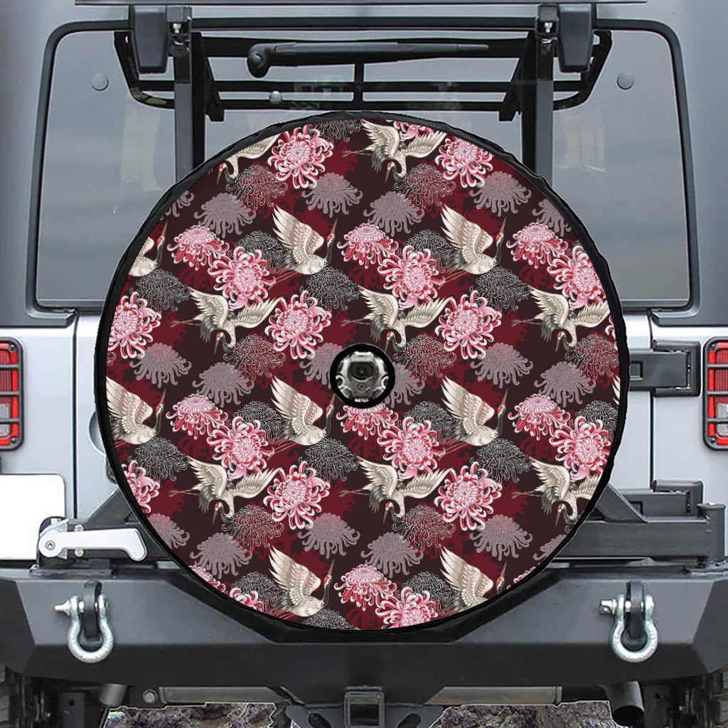 Japanese Cranes And Chrysanthemums Print Tire Cover With Camera Hole