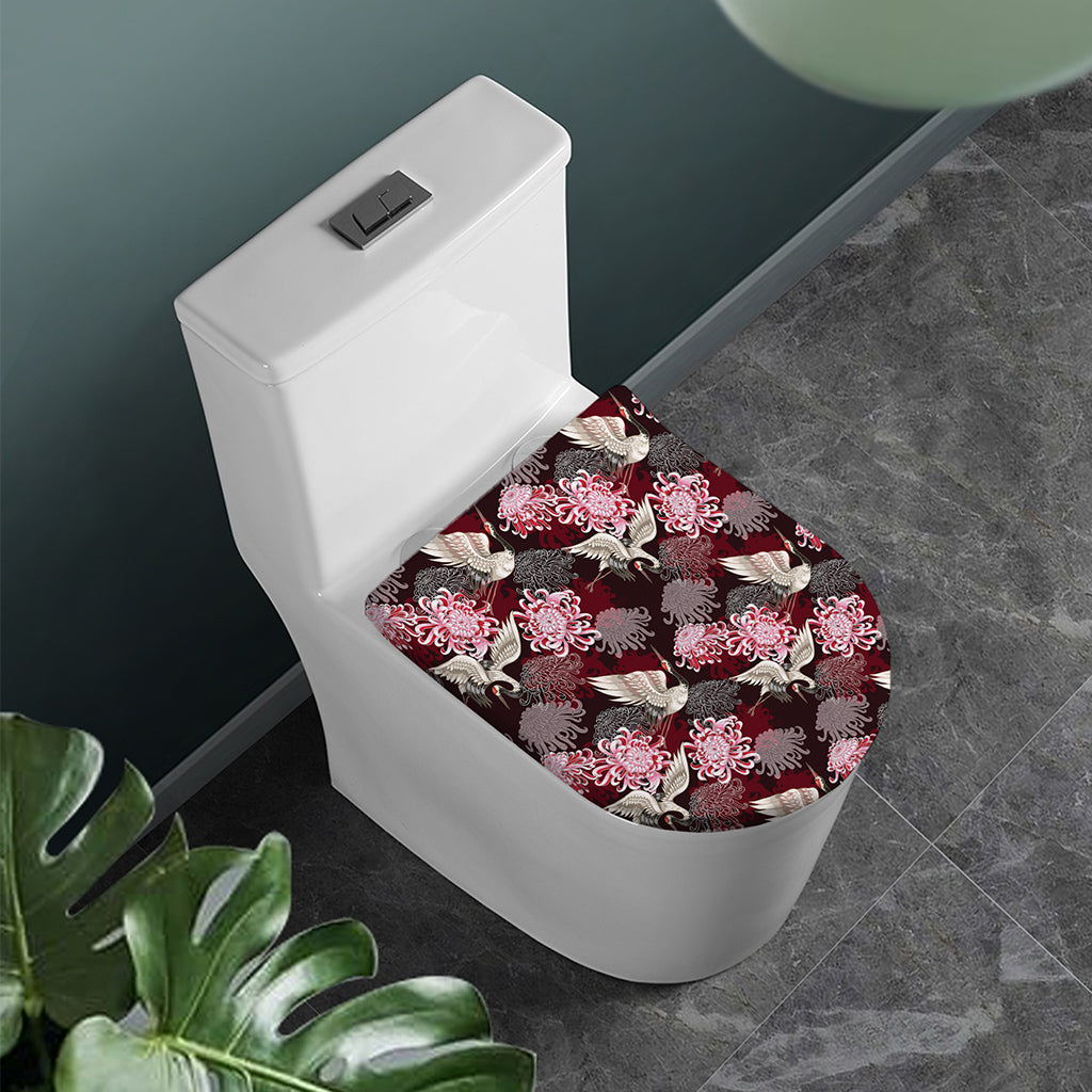Japanese Cranes And Chrysanthemums Print Toilet Lid Cover