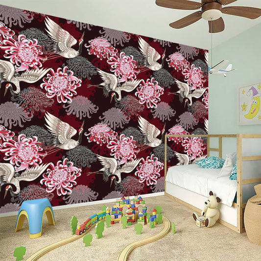 Japanese Cranes And Chrysanthemums Print Wall Sticker
