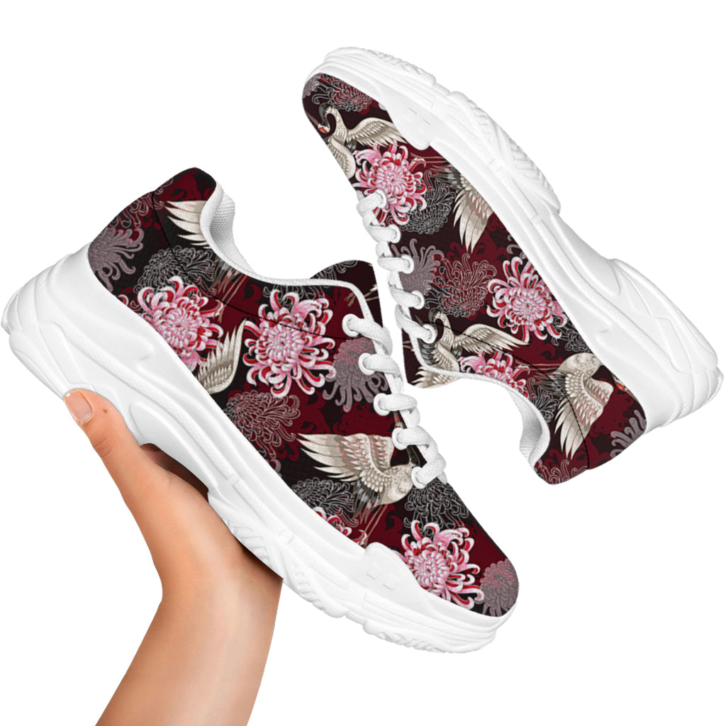 Japanese Cranes And Chrysanthemums Print White Chunky Shoes