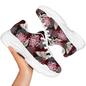 Japanese Cranes And Chrysanthemums Print White Chunky Shoes