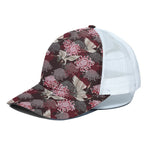 Japanese Cranes And Chrysanthemums Print White Mesh Trucker Cap