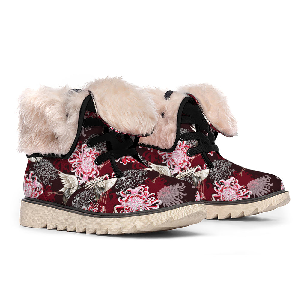 Japanese Cranes And Chrysanthemums Print Winter Boots