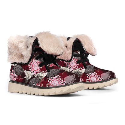Japanese Cranes And Chrysanthemums Print Winter Boots