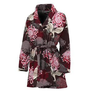 Japanese Cranes And Chrysanthemums Print Women's Bathrobe