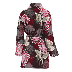 Japanese Cranes And Chrysanthemums Print Women's Bathrobe