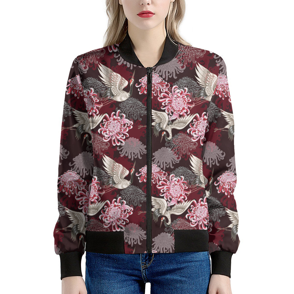 Japanese Cranes And Chrysanthemums Print Women's Bomber Jacket