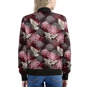 Japanese Cranes And Chrysanthemums Print Women's Bomber Jacket