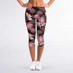 Japanese Cranes And Chrysanthemums Print Women's Capri Leggings