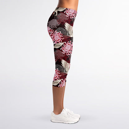 Japanese Cranes And Chrysanthemums Print Women's Capri Leggings