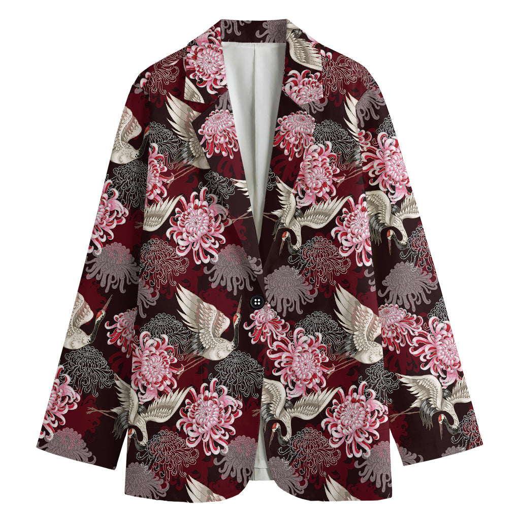 Japanese Cranes And Chrysanthemums Print Women's Cotton Blazer