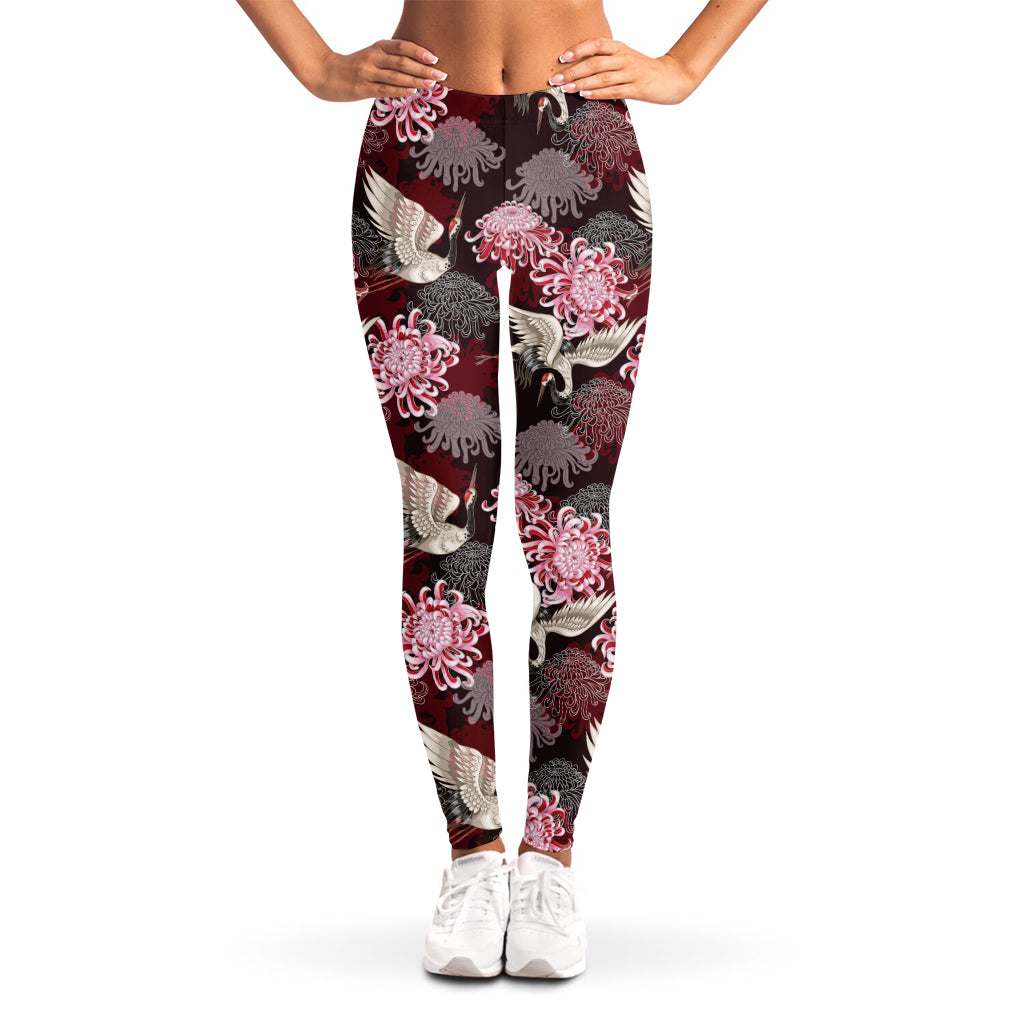 Japanese Cranes And Chrysanthemums Print Women's Leggings