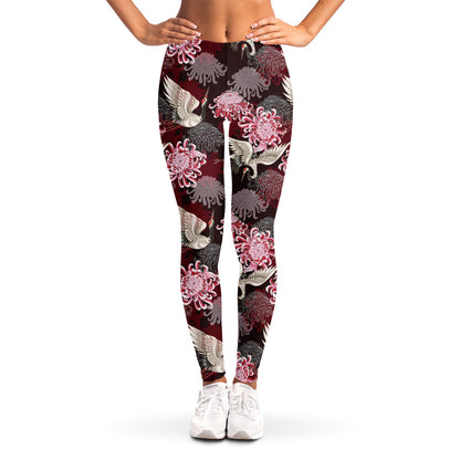 Japanese Cranes And Chrysanthemums Print Women's Leggings