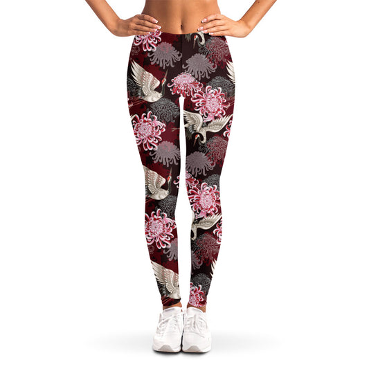 Japanese Cranes And Chrysanthemums Print Women's Leggings