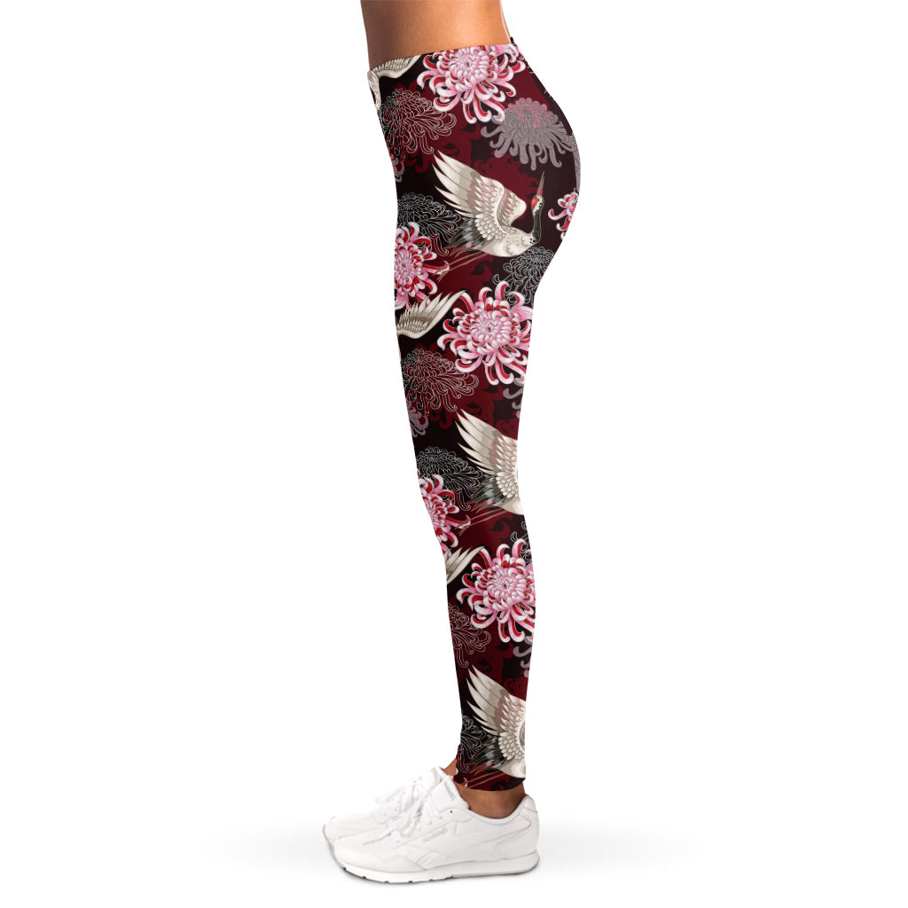 Japanese Cranes And Chrysanthemums Print Women's Leggings