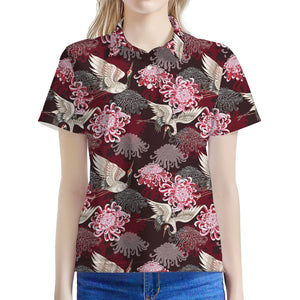 Japanese Cranes And Chrysanthemums Print Women's Polo Shirt