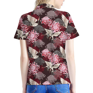 Japanese Cranes And Chrysanthemums Print Women's Polo Shirt