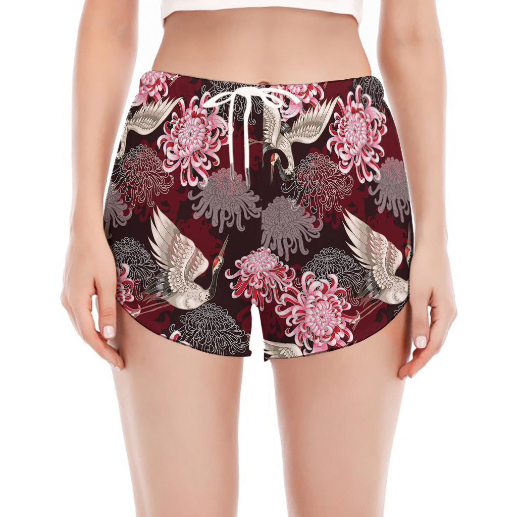 Japanese Cranes And Chrysanthemums Print Women's Split Running Shorts