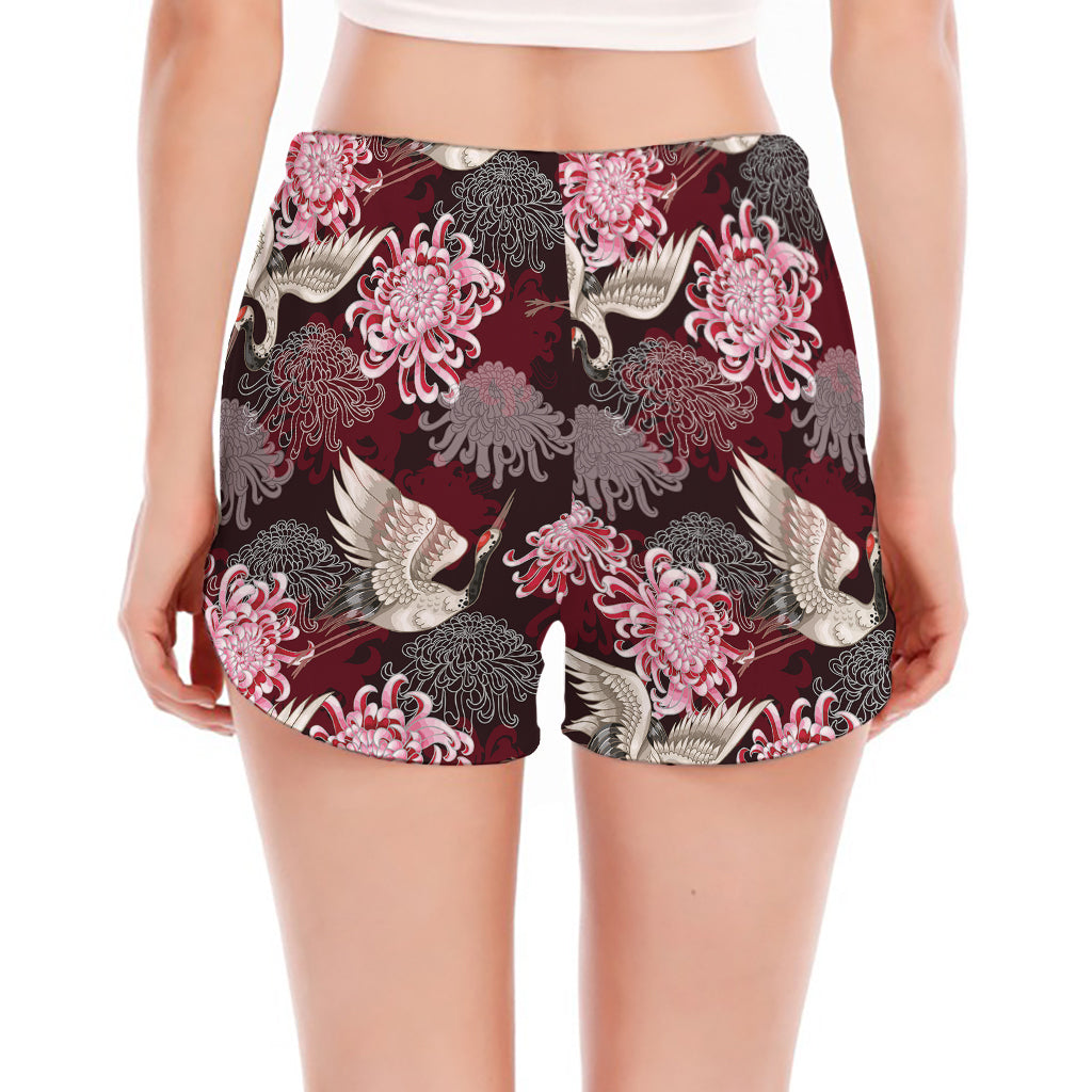 Japanese Cranes And Chrysanthemums Print Women's Split Running Shorts