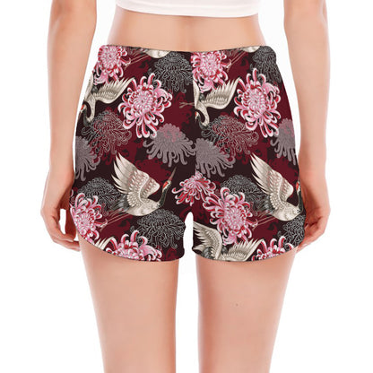 Japanese Cranes And Chrysanthemums Print Women's Split Running Shorts