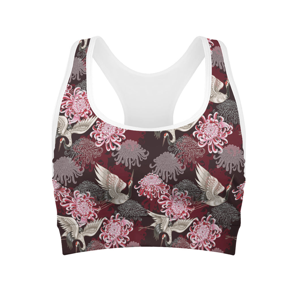 Japanese Cranes And Chrysanthemums Print Women's Sports Bra