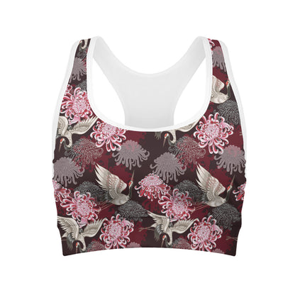 Japanese Cranes And Chrysanthemums Print Women's Sports Bra