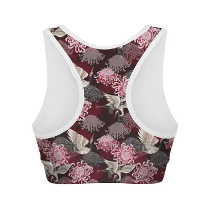 Japanese Cranes And Chrysanthemums Print Women's Sports Bra